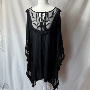 Anthropologie Black Mesh and Fringe Poncho